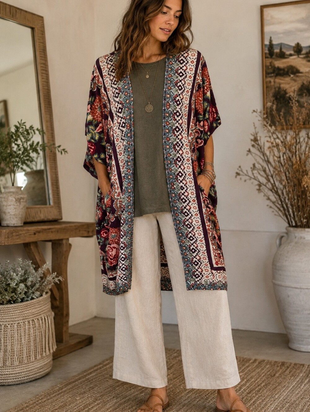 Angie Floral Boho Kimono + Tahari 100% Linen Tee Layering Set Shmedium